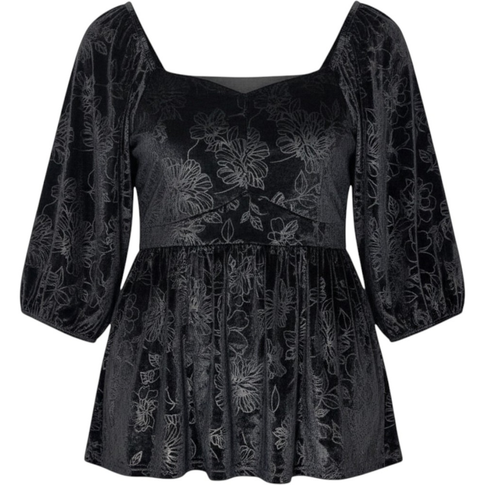 Black Velvet Burnout Floral 4X Stretch Smock Babydoll Top Puff Sleeve Dark Fairy